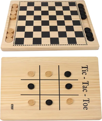 GSE Games & Sports Expert Juego combinado 2 en 1 de tablero reversible de damas y tres en raya de madera natural con piezas de juego, juego familiar