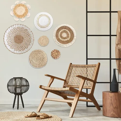 Miniatura 8 de Paquete de 7 cestas de pared bohemias – Decoración de pared de mimbre de ratán de hierba marina redonda hecha a mano colgante rústica plana elegante
