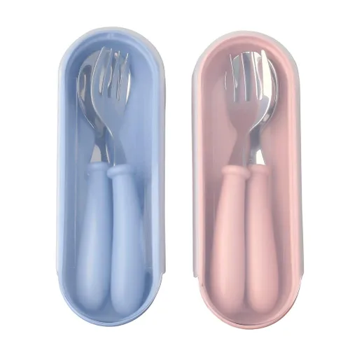 Miniatura 2 de 4 utensilios para niños pequeños, tenedores y cucharas para niños, utensilios de acero inoxidable para bebés, juego de cubiertos para bebé con caja