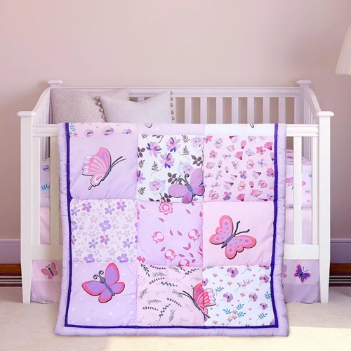 Miniatura 7 de Tudomro Juego de cama de 3 piezas para guardería de mariposas para niñas, juegos de cama de tamaño estándar con edredón, sábana ajustada y falda