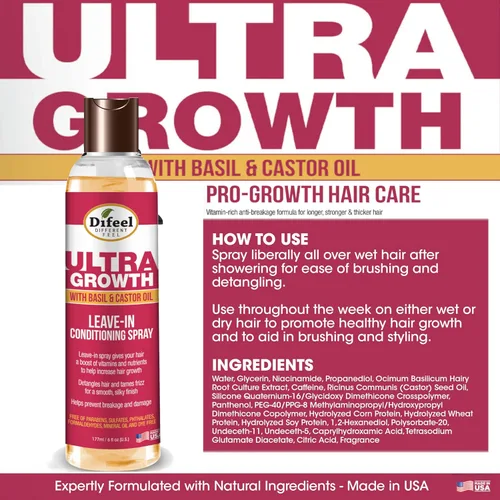 Miniatura 4 de Difeel Ultra Growth - Aceite de albahaca y ricino para el cabello, tratamiento acondicionador sin enjuague, 8 onzas, botella grande