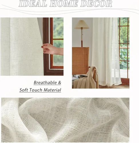 Miniatura 3 de Cortinas de lino transparente color crema de 96 pulgadas de largo para sala de estar, 2 paneles con bolsillo con pestaña trasera, suaves, naturales