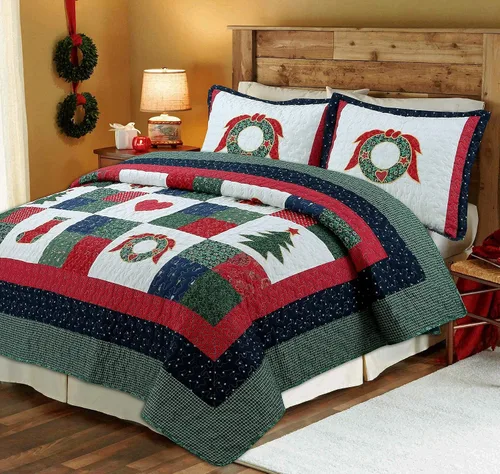 Miniatura 10 de Cozy Line Home Fashions Juego de ropa de cama reversible con diseño de retazos de Navidad, color azul marino, silencioso, cielo estrellado, cabaña