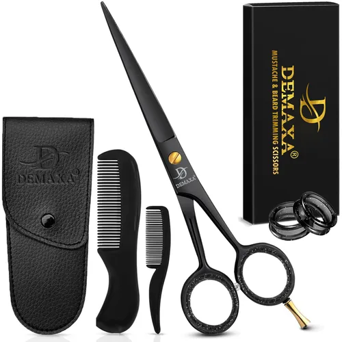 DEMAXA Tijeras profesionales de barba de 5 pulgadas para hombres, tijeras para bigote con 1 peine para bigote, 1 peine para barba y bolsa suave, kit