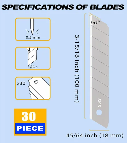 Miniatura 2 de DOWELL Cuchillas a presión de 0.709 in SK5 Cuchillo utilitario cuchillas retráctiles cortador de caja (30 piezas)