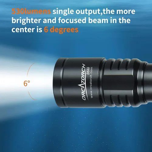 Miniatura 2 de ORCATORCH Luz de buceo D580, linterna subacuática máxima de 530 lúmenes con haz estrecho de 6 grados, interruptor giratorio impermeable IP68