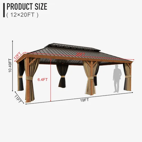 Miniatura 8 de Gazebo de techo rígido de 12 x 20 pies, kiosco de aluminio para exteriores, doble techo, acero galvanizado, acabado de madera, toldo recubierto