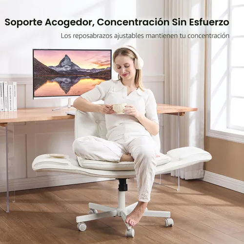 Miniatura 5 de amseatec Silla Criss Cross con reposabrazos y ruedas, silla de tocador de cuero PU, silla giratoria cómoda y ajustable para escritorio de Blanco