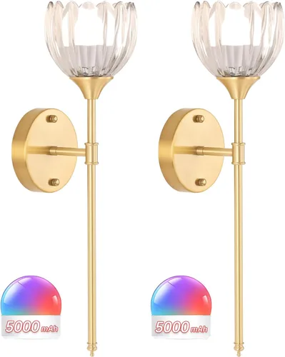 Miniatura 11 de Shenmoyl Juego de 2 lámparas de pared operadas por batería, lámpara de pared vintage de tulipán ámbar con batería recargable de 5000mAh con control