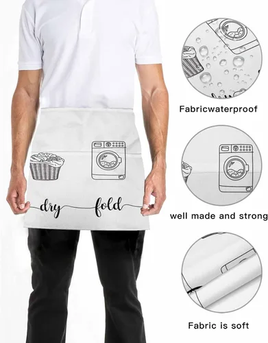 Miniatura 5 de Laundry Room Server Aprons with 3 Pockets, Cartoon Wash Dry Fold Repeat Simple Lines Art Waitress Waist Apron for Women Men Waterproof Half Aprons