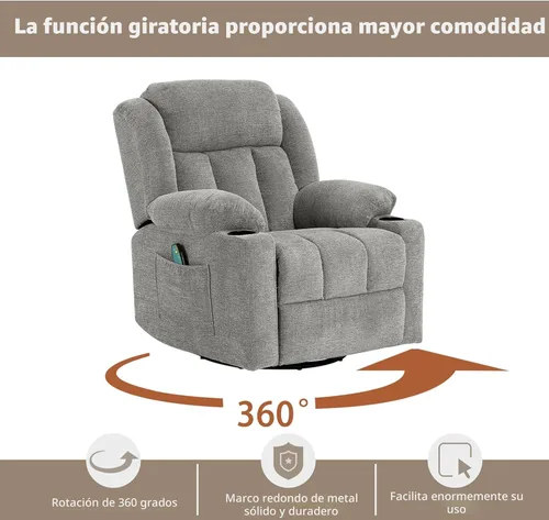 Miniatura 8 de Ketaiyou - Silla reclinable giratoria para adultos, sillón deslizante manual grande y acolchado con masaje y calor, cómodo sofá reclinable de tela