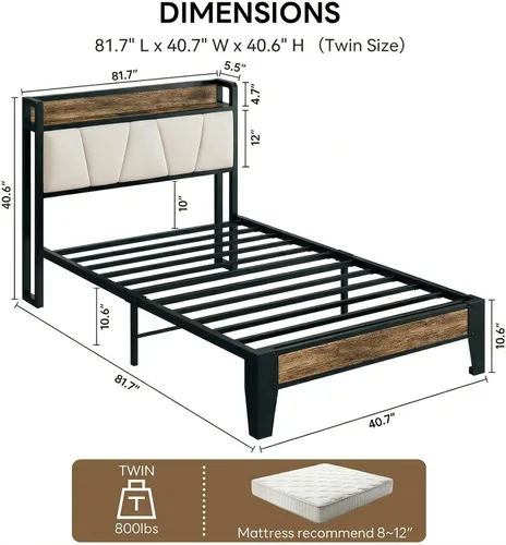Miniatura 2 de LIKIMIO Base de cama individual, cabecera de almacenamiento con estación de carga, sólida y estable, sin ruido, no necesita somier, fácil montaje