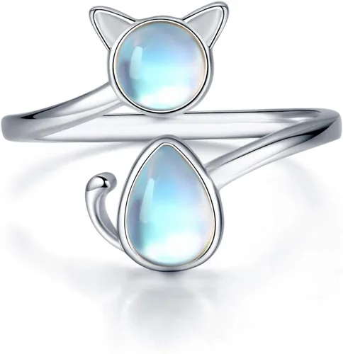 CHENGHONG Anillo de plata de ley 925 con piedra de luna anillos de animales abiertos joyería de gato de la suerte regalos para mujeres y niñas