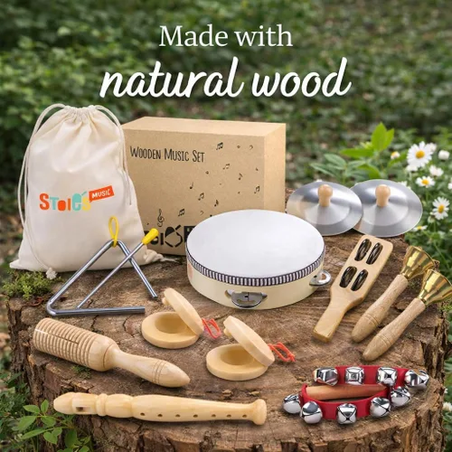 Miniatura 3 de Stoie's Instrumentos musicales de madera para niños pequeños con tambor, flauta, campanas de mano, platillos, castañuelas, triángulo, para bebés