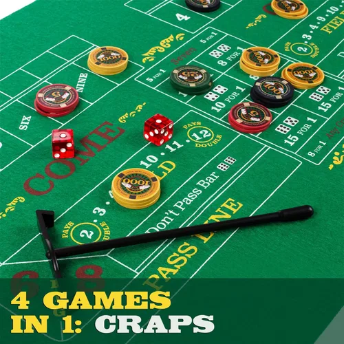 Miniatura 5 de Brybelly Casino Night - Juego completo 4 en 1 con fieltros, rueda, 100 fichas, dados y cartas para blackjack, craps, ruleta y Texas Hold'em - Tapete