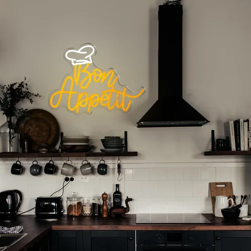 Miniatura 6 de Bon Appetit - Letrero LED con sombrero de chef, letras doradas, luces de neón para restaurante, estilo francés, neón regulable, LED, "16.5 x 12.6