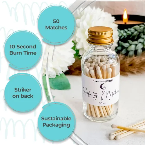 Miniatura 2 de Moonlight Makers Fancy Matches in Jar - 50 fósforos de seguridad de madera, tarro decorativo de vidrio con golpeador, soporte reutilizable, tapa Rosa