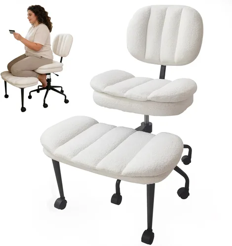 Silla cruzada con reposapiés, silla de oficina giratoria de piel de oveja sintética de 360°, asiento extra ancho con comodidad similar al sofá, Lana