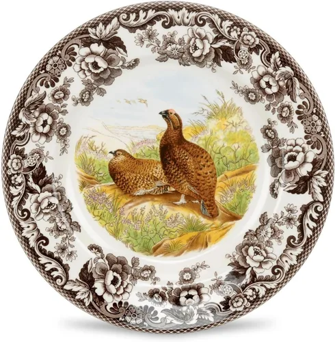 Plato de cena Spode Woodland Red Grouse - 10.5" de loza fina, borde con flores británicas, diseño rústico de animales de caza fabricado en