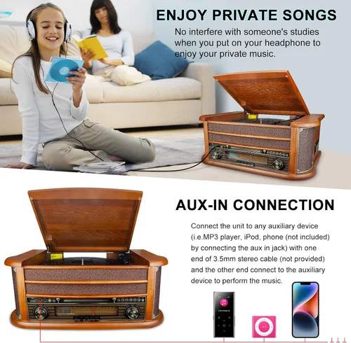 Miniatura 5 de BIGMONAT Tocadiscos todo en uno con altavoces incorporados, reproducción inalámbrica, tocadiscos de 3 velocidades, tocadiscos de vinilo caoba