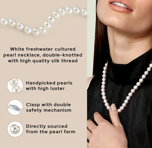 Miniatura 6 de The Pearl Source Akoya - Collar de perlas japonesas blancas para mujer, collar de perlas de oro de 14 quilates, collar de perlas de 18 pulgadas