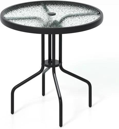 Tangkula Mesa de Comedor Redonda de Vidrio para Patio de 27.5 Pulgadas con Agujero para Sombrilla de 1.57", Marco de Metal Resistente, Mesa Auxiliar