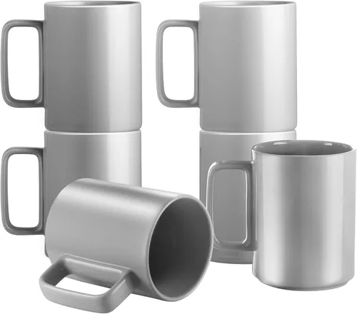 E-liu Juego de 6 tazas de té de porcelana, tazas grandes de 15 onzas para café, té, cacao y bebidas calientes, color gris