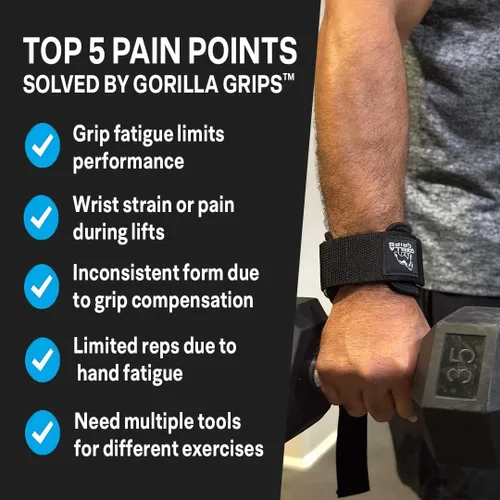 Miniatura 2 de Muñequeras Gorilla Grips para levantamiento de pesas para hombres con ganchos de levantamiento de pesas, correas de muñeca para hombres y mujeres