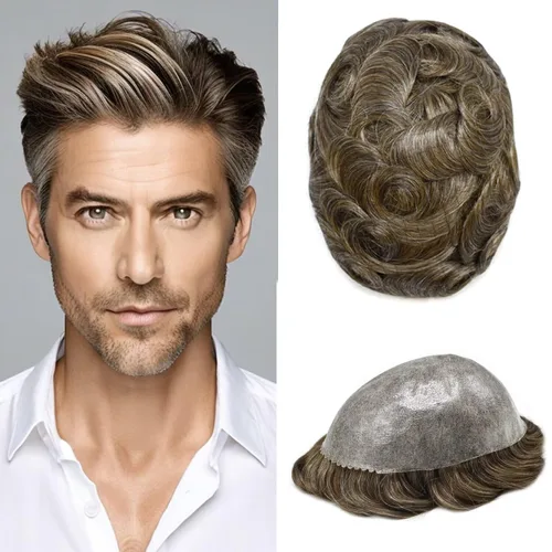 Miniatura 65 de Peluca completa de poliuretano para hombre, sistemas de reemplazo de cabello humano, piel fina y duradera, para hombre, prótesis de cabello