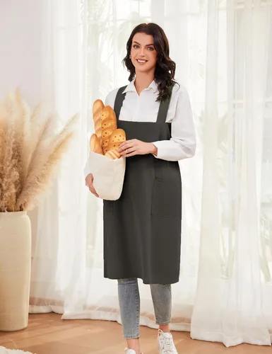 Miniatura 6 de Schine Pinafore de algodón con espalda cruzada para mujer, con bolsillos grandes, prácticos delantales para trabajos de jardinería, cocina, Verde