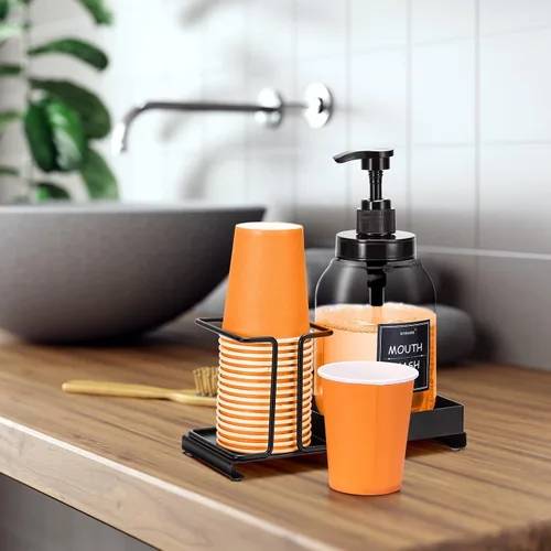 Miniatura 6 de Dispensador de enjuague bucal Summark para baño, botella de bomba de enjuague bucal con portavasos de acero inoxidable, recipiente de enjuague bucal