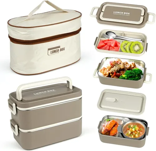 Bento Box - Lonchera para adultos, juego de recipientes de almuerzo aislados portátiles, cajas Bento de acero inoxidable apilables de 2 niveles con