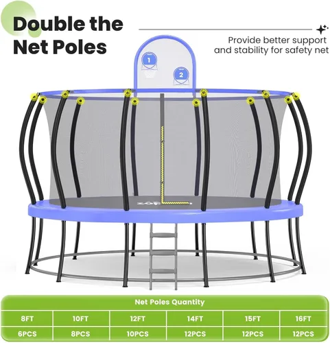 Miniatura 5 de Zupapa Trampolín de doble marco de capacidad de 1800 libras, 16, 15, 14, 12 pies, diseño de seguridad sin huecos, postes curvos y aro de baloncesto