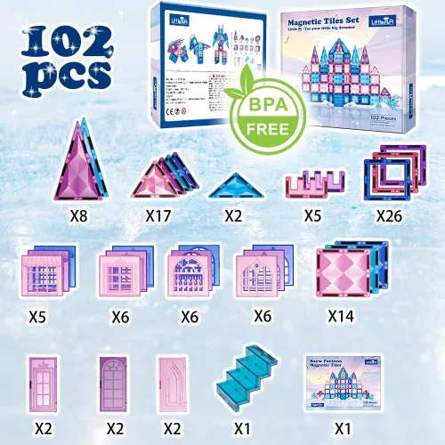 Miniatura 6 de Little Pi 102 piezas de bloques de construcción con azulejos magnéticos de castillo de princesa congelada - Bloques de diamante 3D, juguetes