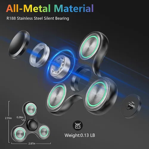 Miniatura 3 de Juguete giratorio para ansiedad brillante, silencioso de metal, duradero, con luz, 3-8 minutos de tiempo de giros, EDC, TDAH, estrés, ansiedad
