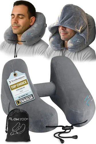 Miniatura 11 de FLOWZOOM Almohada inflable para el cuello para viajar en avión, almohada de avión con capucha en forma de H con 5 modos de repetición, inflado Negro