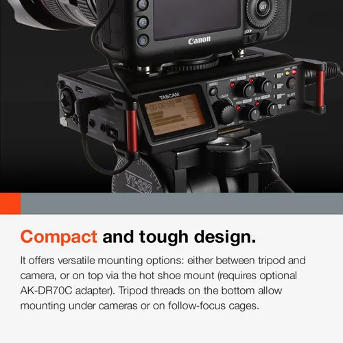 Miniatura 5 de TASCAM Grabadora de audio portátil de 4 canales para videógrafos, 4 entradas XLR/TRS combinadas, 2 micrófonos internos, limitador, filtro HP (DR-70D)