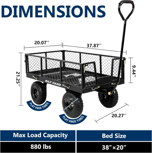 Miniatura 5 de BILT HARD - Carretilla de jardín resistente con ruedas planas libres de 10" y lados extraíbles, con asa giratoria de 180°, 4 pies cúbicos, capacidad