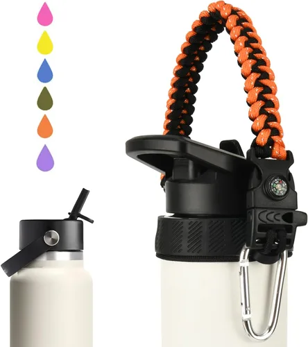 Miniatura 10 de Paracord Handle for Hydro Flask Water Bottles Standard/Wide Mouth, Strap Holder with Safety Rubber Ring & Carabiner, Easy to Carry and Durable Rosado