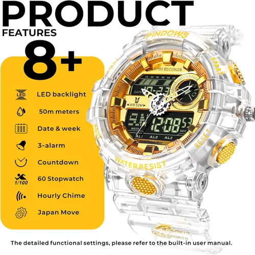 Miniatura 6 de Relojes PINDOWS para hombre, transparente dorado, analógico digital, doble hora, 50M resistente al agua, retroiluminación LED, multifuncional