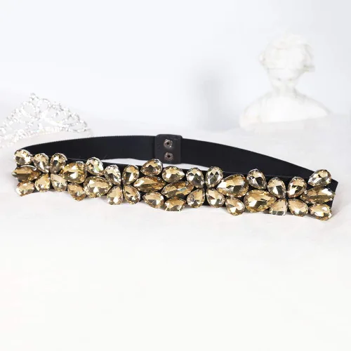 Miniatura 27 de Cinturón de diamantes de imitación para mujer, cinturones de vestir brillantes y delgados, cinturones de cintura elásticos para dama elegante