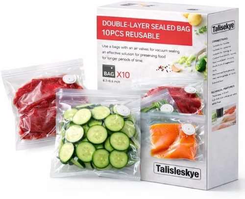 Vacuum Sealer Bags,reusable double zipper vacuum bag with air valve,suitable for sous vide cooking and microwave heating (8.3 * 8.7inch) 10pcs