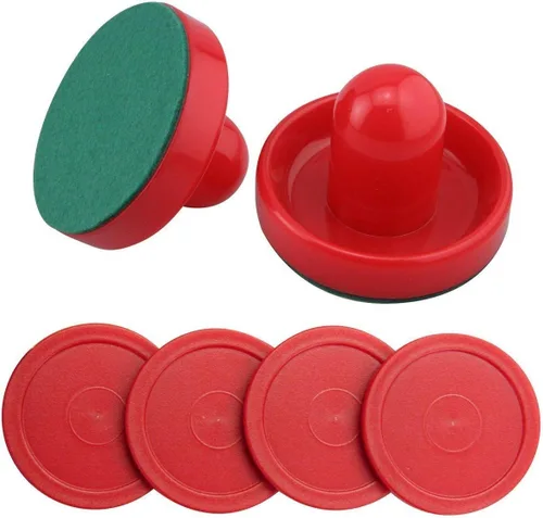 Mini discos y palas de hockey de aire, juego de repuesto, juego de dos empujadores de hockey de aire rojo y cuatro discos rojos de 2 pulgadas,