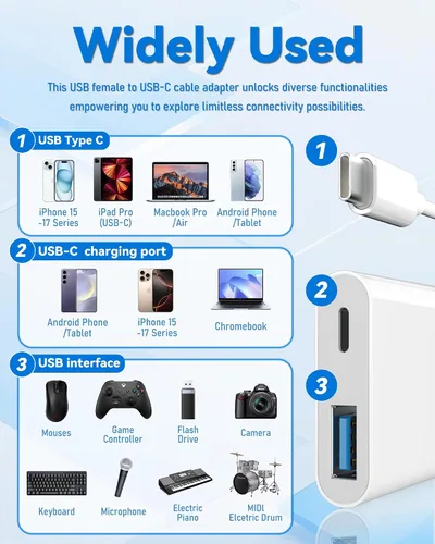 Miniatura 3 de Adaptador de cámara USB C a USB con puerto de carga PD de 30 W, cable OTG compatible con iPhone 17/16/15, iPad, Android, tableta, USB 3.0 hembra
