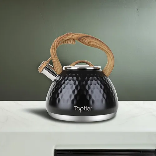 Miniatura 5 de Tetera, Tetera Silbadora Toptier con Mango de Patrón de Madera Silbato Fuerte, Tetera de Acero Inoxidable Grado Alimenticio para Estufas de Negro
