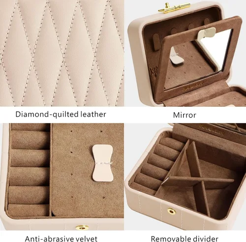 Miniatura 5 de KAMIER Joyero de viaje, organizador de joyas de viaje de cuero acolchado con diamante, caja organizadora de joyas de viaje pequeña para mujeres