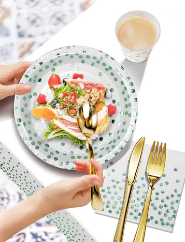 Miniatura 4 de Nkaiso 141 piezas de suministros de fiesta de puntos verdes, juegos de decoración de fiesta desechables incluyen platos de papel, servilletas