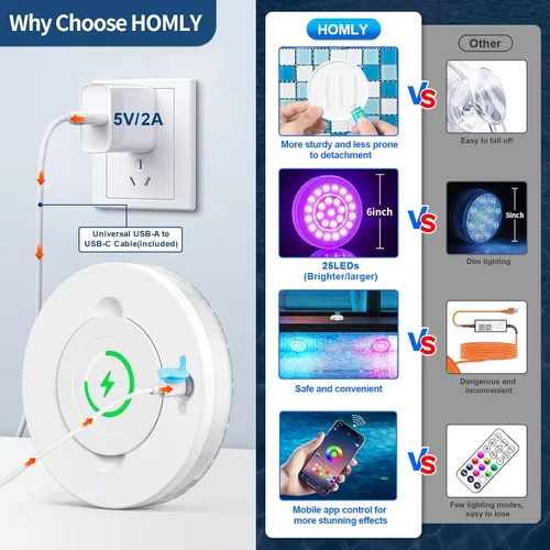 Miniatura 5 de Homly - Luces para piscina LED recargables sumergibles con control inalámbrico por APP, luces LED inteligentes subacuáticas impermeables