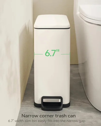 Miniatura 2 de Nunsino Cubo de basura pequeño para baño con 15 bolsas de basura, cubo de basura de acero inoxidable de 2.6 galones con tapa de cierre suave, Blanco