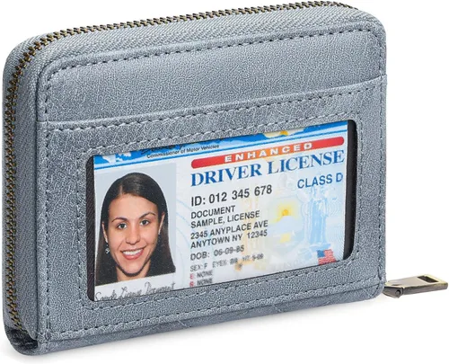 FALAN MULE Cartera de Cuero para Tarjetas de Crédito con Bloqueo RFID Pequeña para Mujeres con Muñequera, Azul claro, Vintage